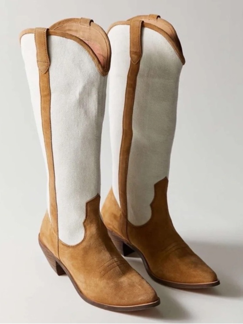 Urban Outfitters UO Leslie Tall Cowboy Boots in Tan and Cream